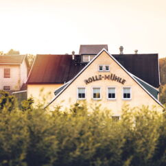 Das Gebäude der Rolle Mühle in Frontansicht mit Hecke im Vordergrund