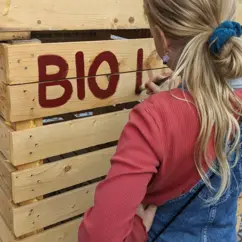 Mädchen malt das Wort "Bio" auf eine Kiste