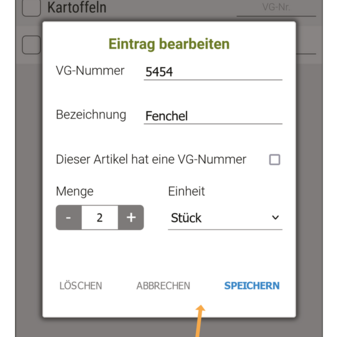 Screenshot der Detailfunktionen der VG App