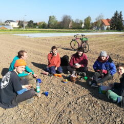 Team vom Bio-Bauernhof Ines Franz sitzt auf dem Feld