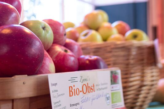 Körbe gefüllt mit regionalen Bio-Äpfeln