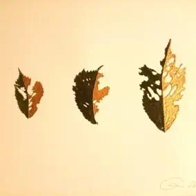 Kunst von Bianca Choque. Drei zerfallende Laubblätter in unterschiedlichen Brauntönen auf hellgelbem Untergrund. Copyright: Bianca Choque