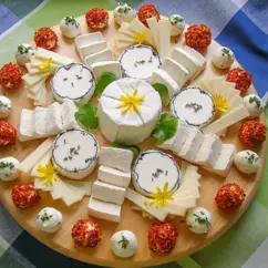 Ziegenkäse-Sortiment auf einem Holztablett