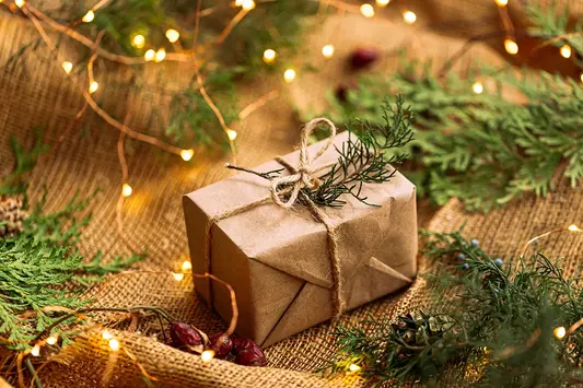 Ein verpacktes Geschenk auf braunem Stoff mit Tannengrün und Lichtern. Bild: AdobeStock_Hihitetlin