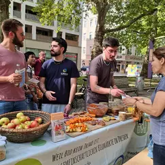 Drei Mitarbeiter der VG stehen beim Dresdner Gastmahl 2025 an einem langen Tisch mit Obst und Gemüse