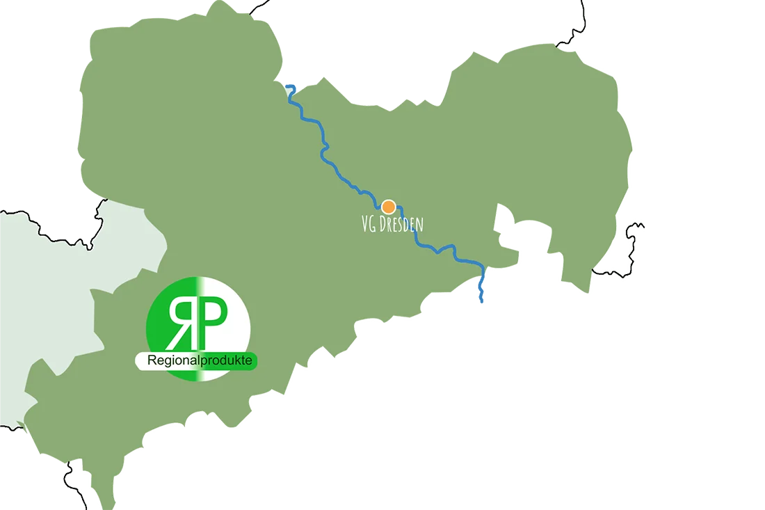 Umrisskarte von Sachsen in grün, darauf markiert die VG Dresden und das Logo für Regionalprodukte