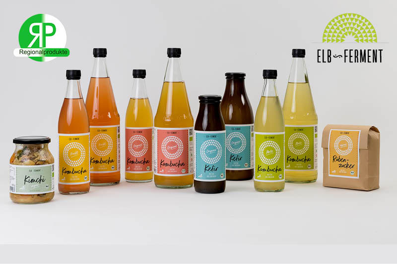 Kimchi, Kombucha und Kefir sowie Rübenzucker von Elb-Ferment auf grauem Hintergrund