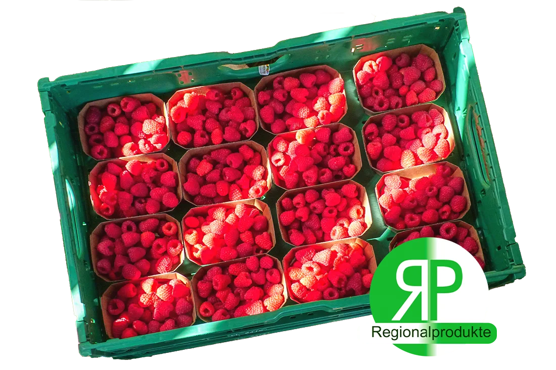 Eine Kiste Himbeeren, daneben das Logo für Regionalprodukte
