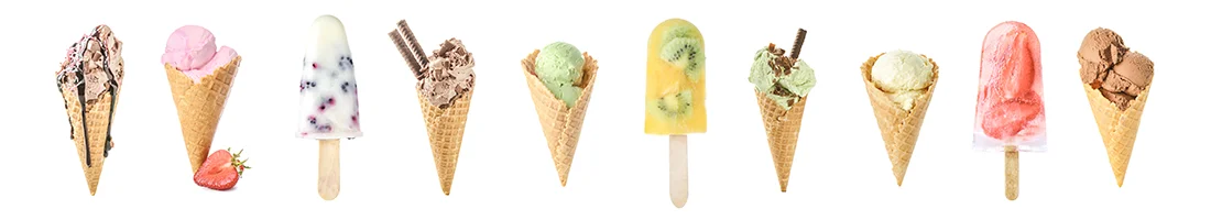 Verschiedene Eissorten, am Stiel und in Eiswaffeln. Bild: AdobeStock_Pixel-Shot