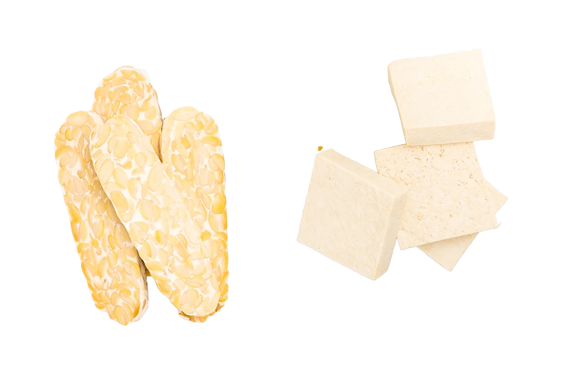 Tempeh-Scheiben und Tofu Stücke