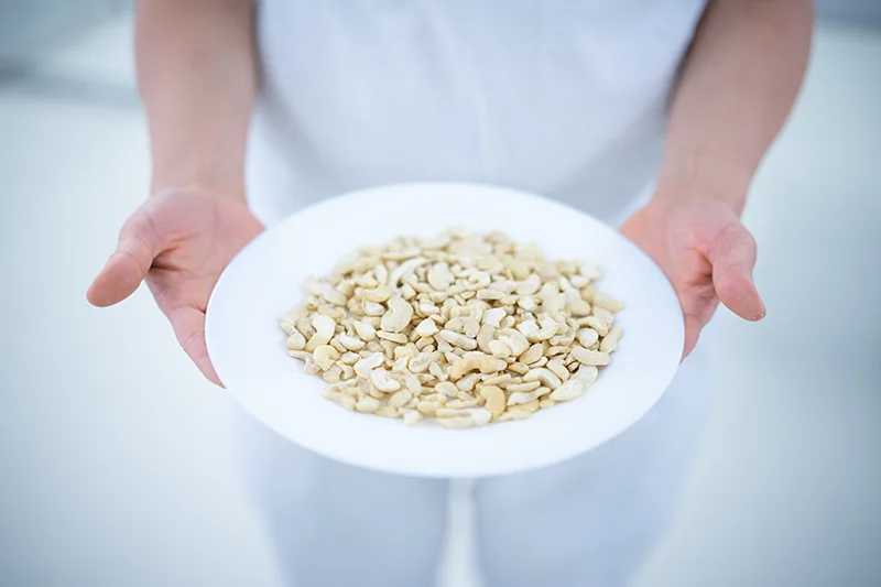 Ein Teller mit Cashewnüssen wird gehalten